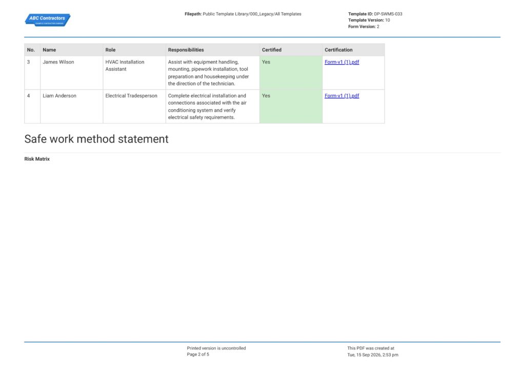 Air Conditioning Safe Work Method Statement