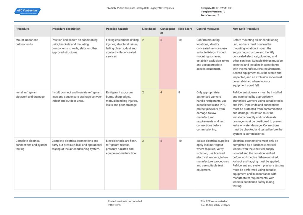 Air Conditioning Safe Work Method Statement