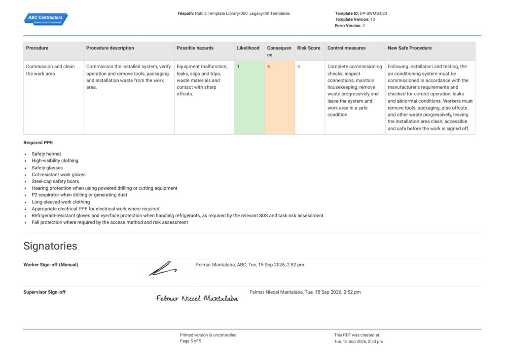 Air Conditioning Safe Work Method Statement