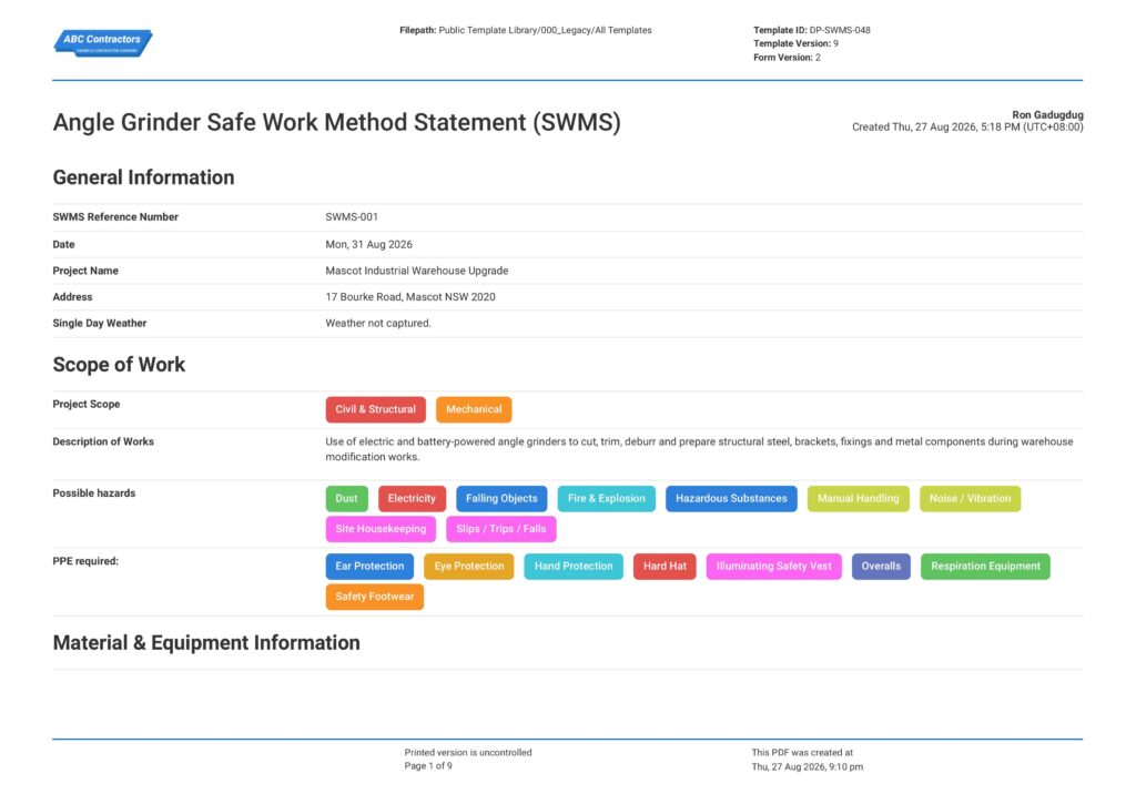 Angle Grinder Safe Work Method Statement (SWMS)