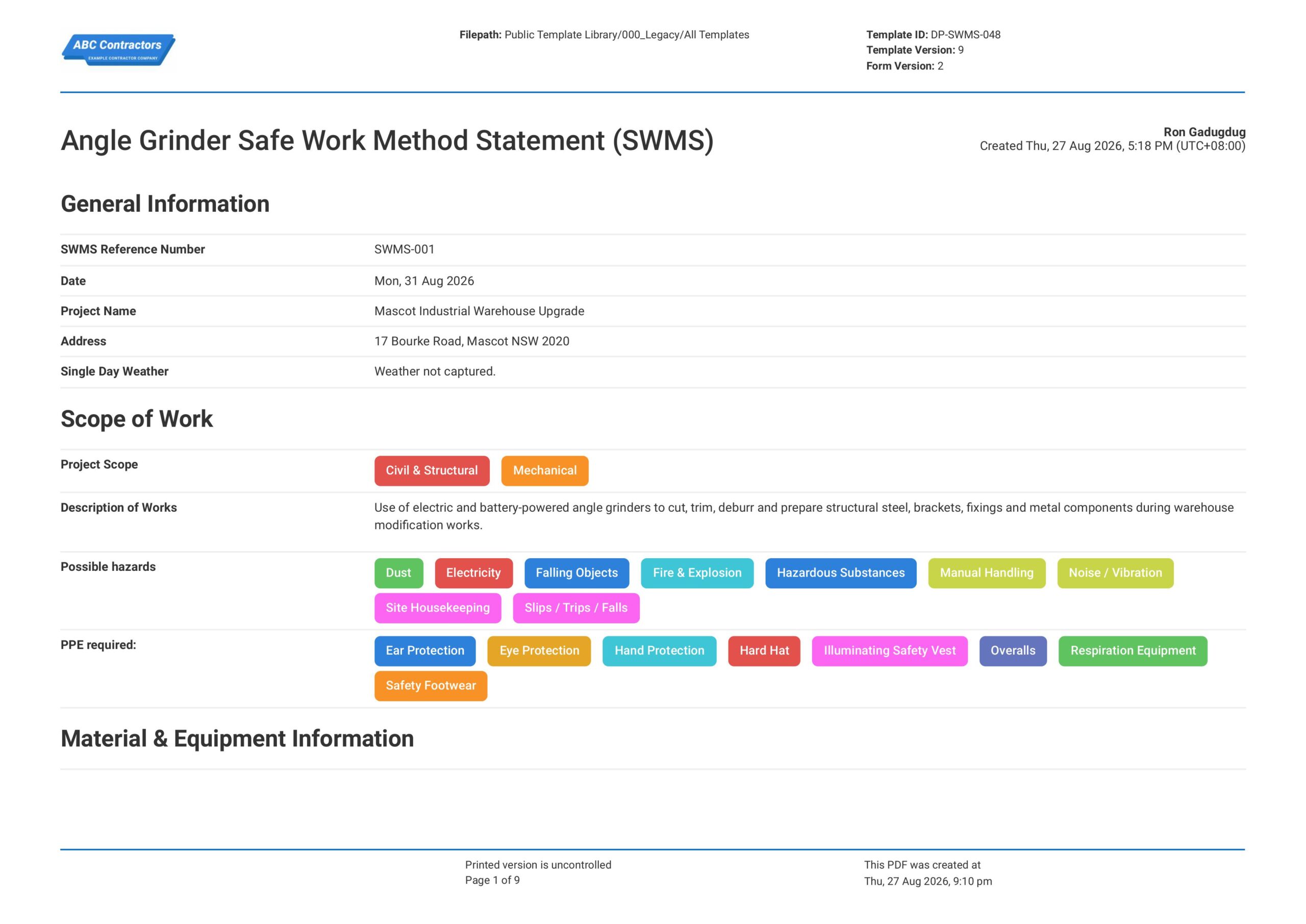 Angle Grinder Safe Work Method Statement (SWMS) Template