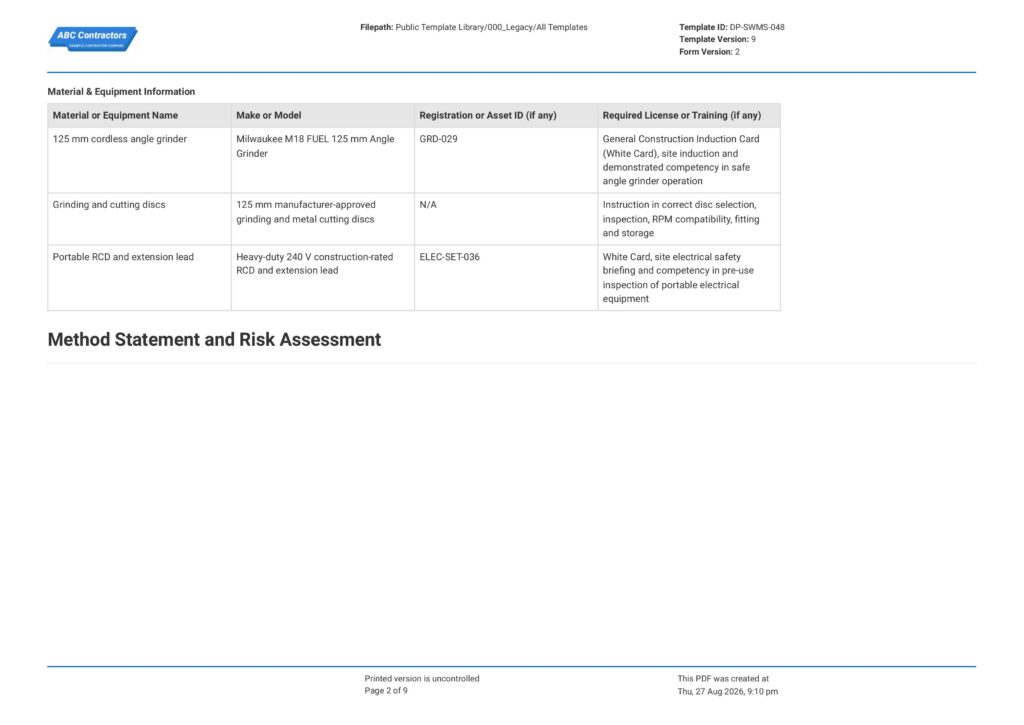 Angle Grinder Safe Work Method Statement (SWMS)2