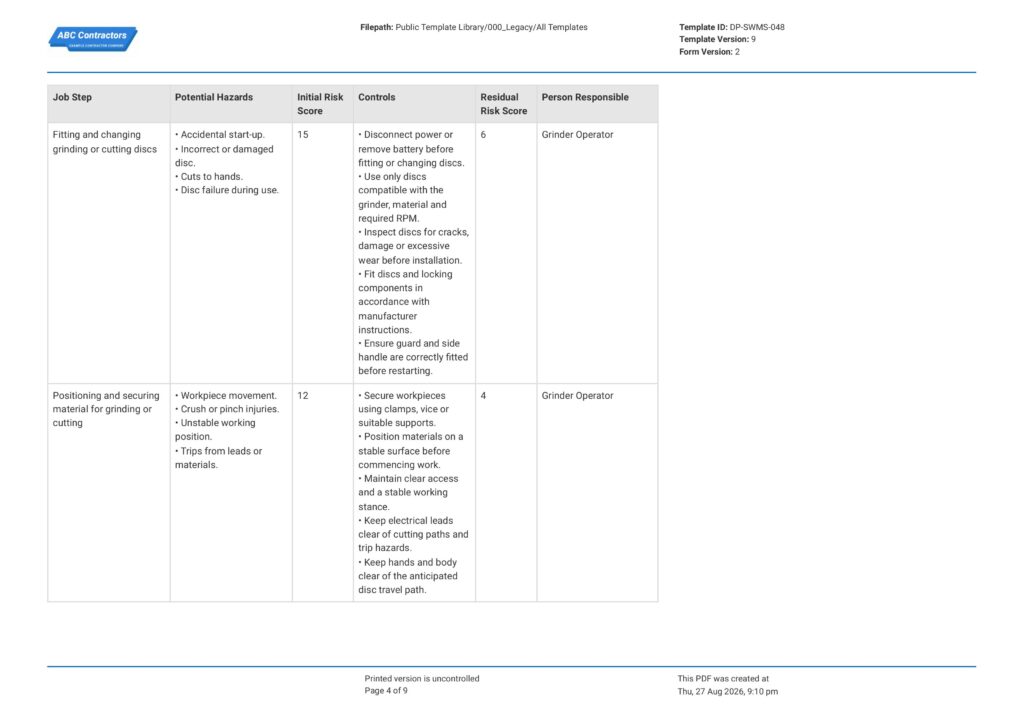 Angle Grinder Safe Work Method Statement (SWMS)4