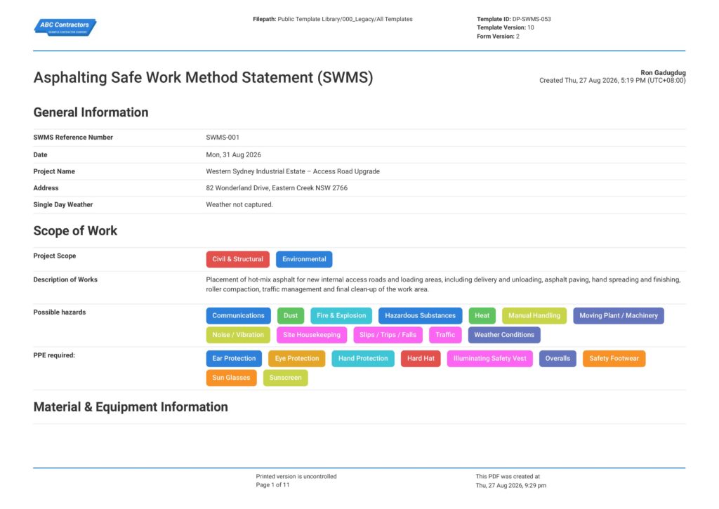 Asphalting Safe Work Method Statement (SWMS)1