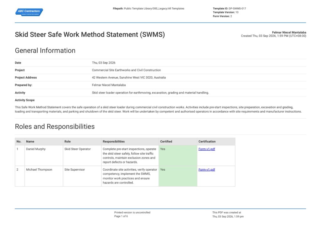 Bobcat Safe Work Method Statement