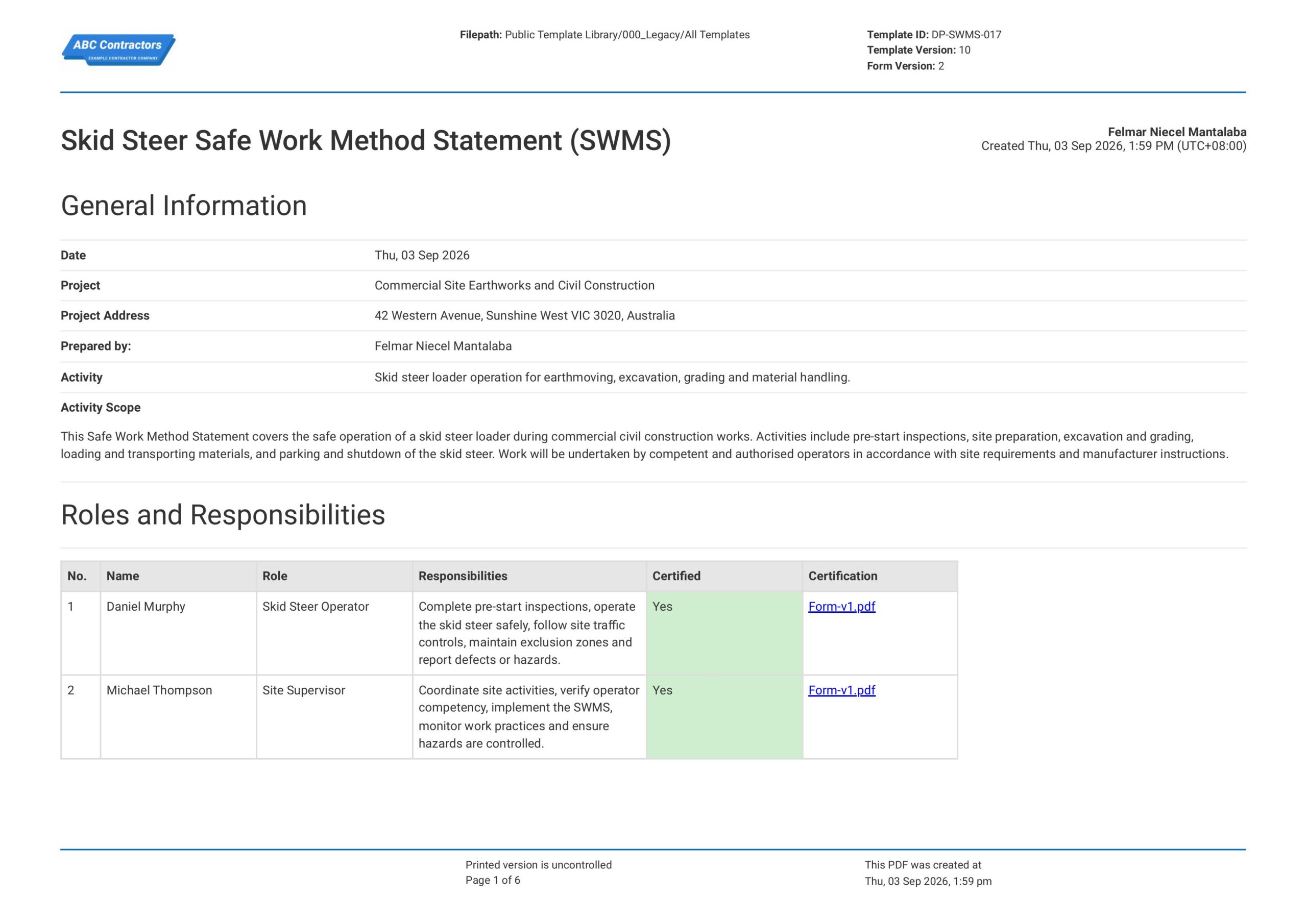 Safe Work Method Statement for Skid Steer Loader Template