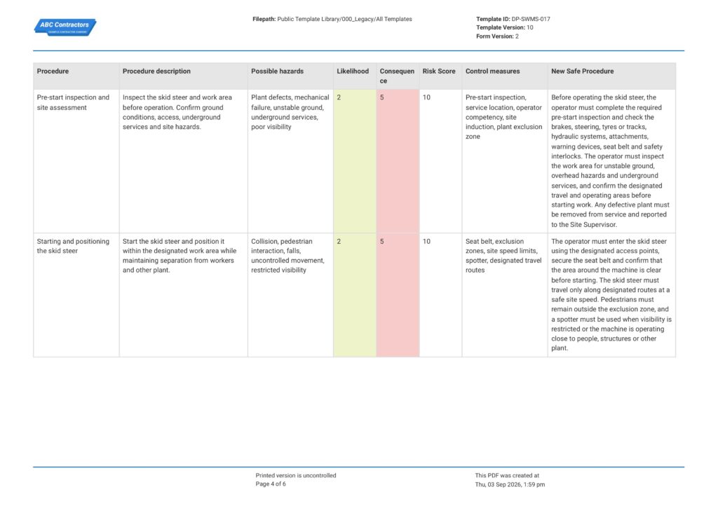Bobcat Safe Work Method Statement