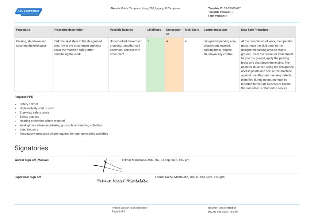 Bobcat Safe Work Method Statement