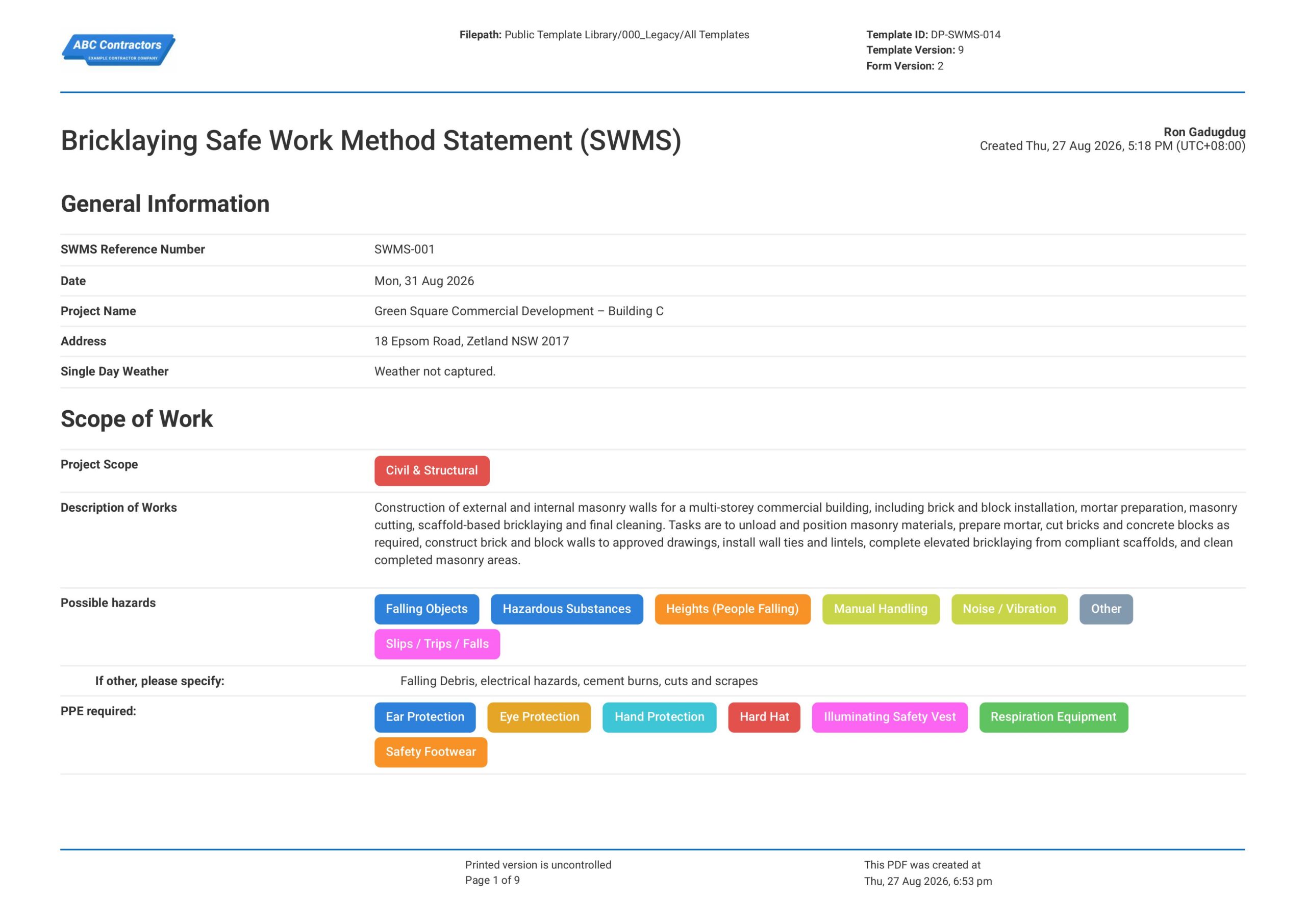 Bricklaying Safe Work Method Statement (SWMS) Template