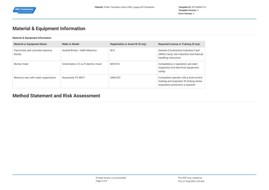 Bricklaying Safe Work Method Statement (SWMS)2