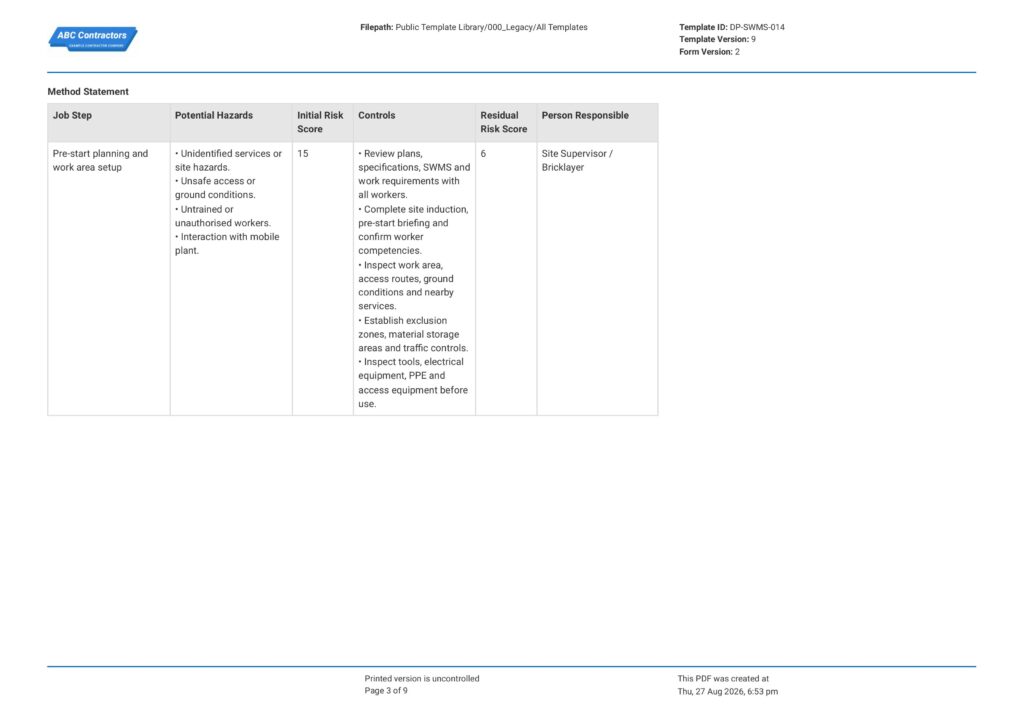 Bricklaying Safe Work Method Statement (SWMS)3