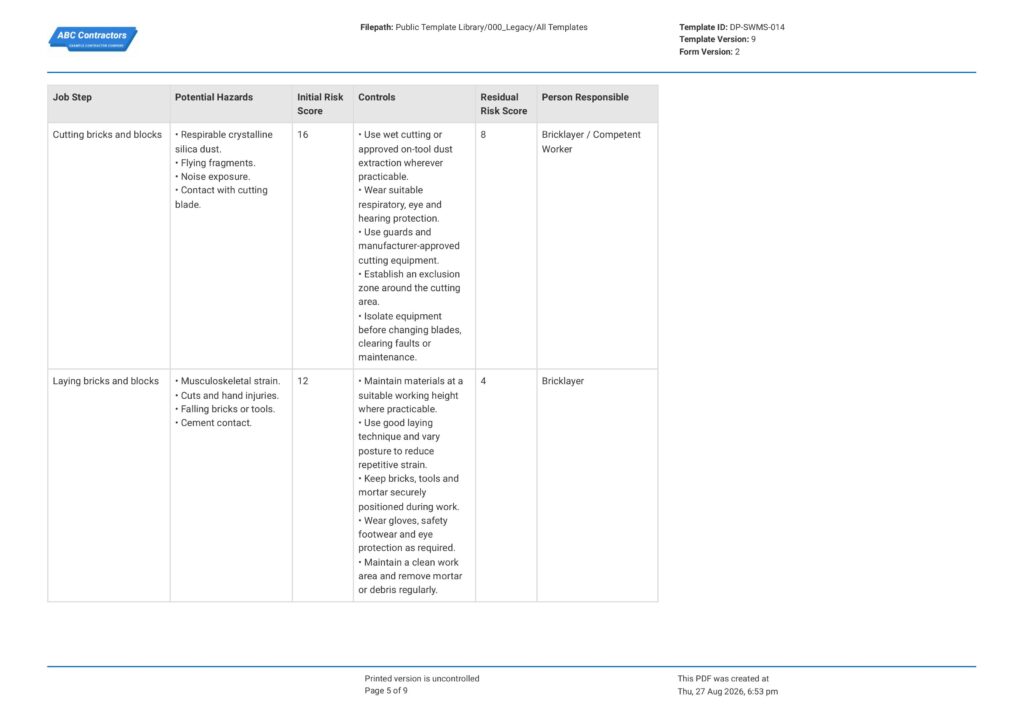 Bricklaying Safe Work Method Statement (SWMS)5