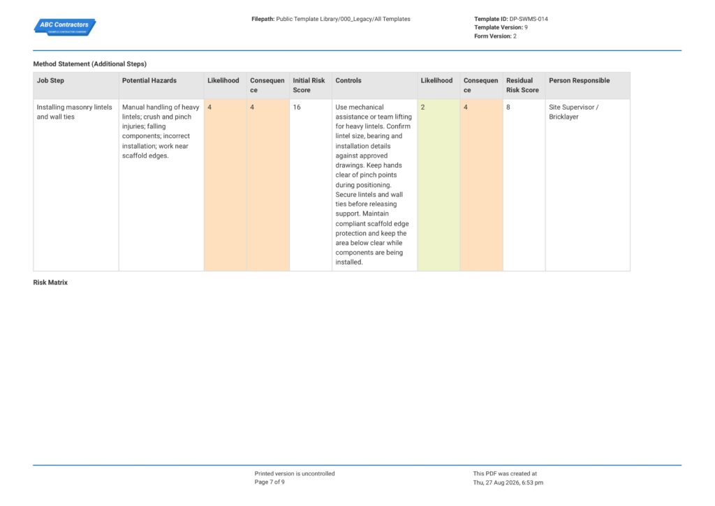 Bricklaying Safe Work Method Statement (SWMS)7