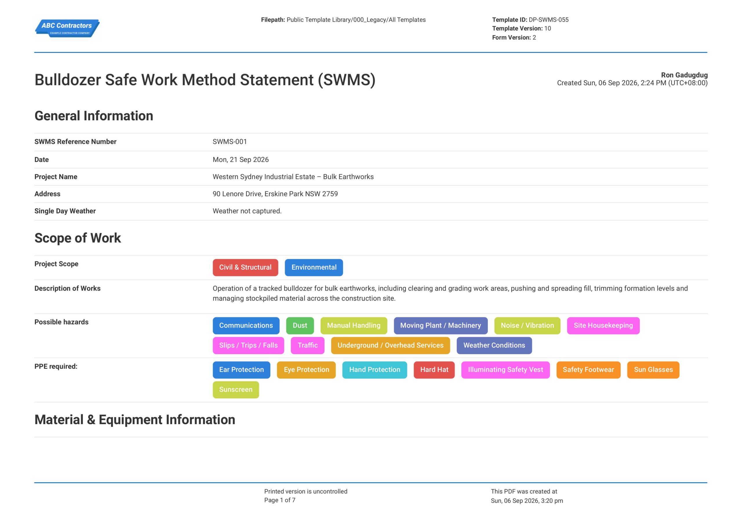 Bulldozer Safe Work Method Statement (SWMS) Template