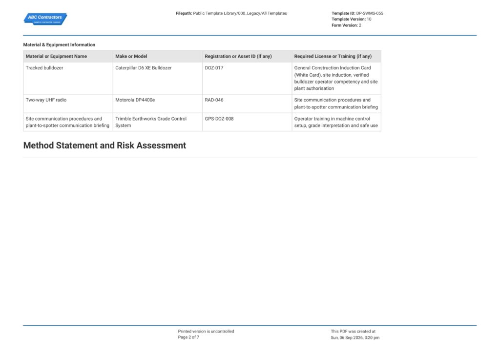 Bulldozer Safe Work Method Statement (SWMS)2