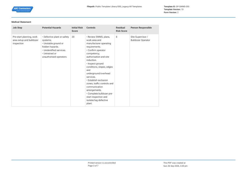 Bulldozer Safe Work Method Statement (SWMS)3