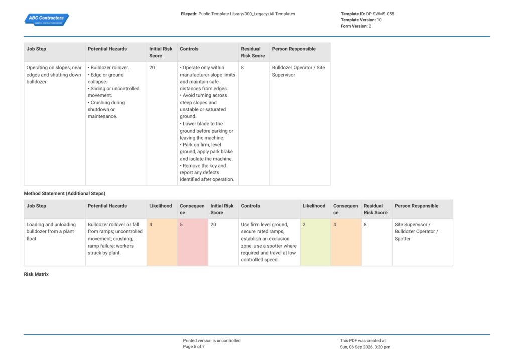 Bulldozer Safe Work Method Statement (SWMS)5