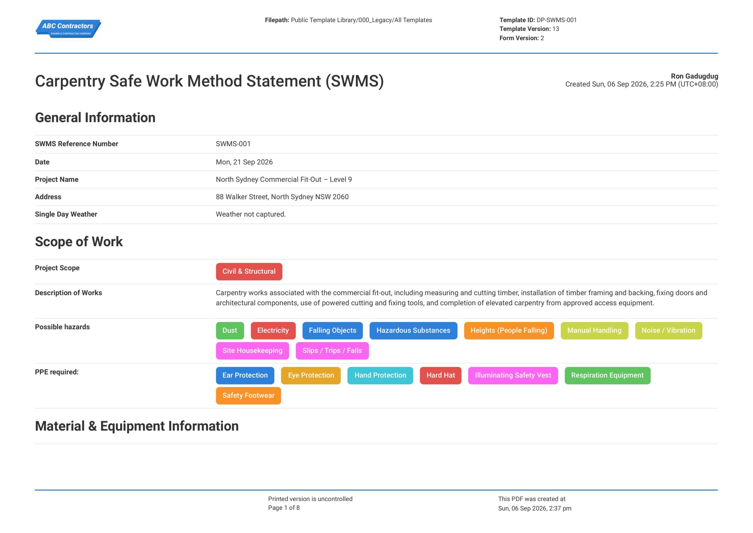 Carpentry Safe Work Method Statement (SWMS) Template