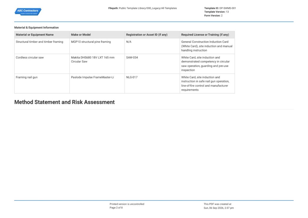 Carpentry Safe Work Method Statement (SWMS)2