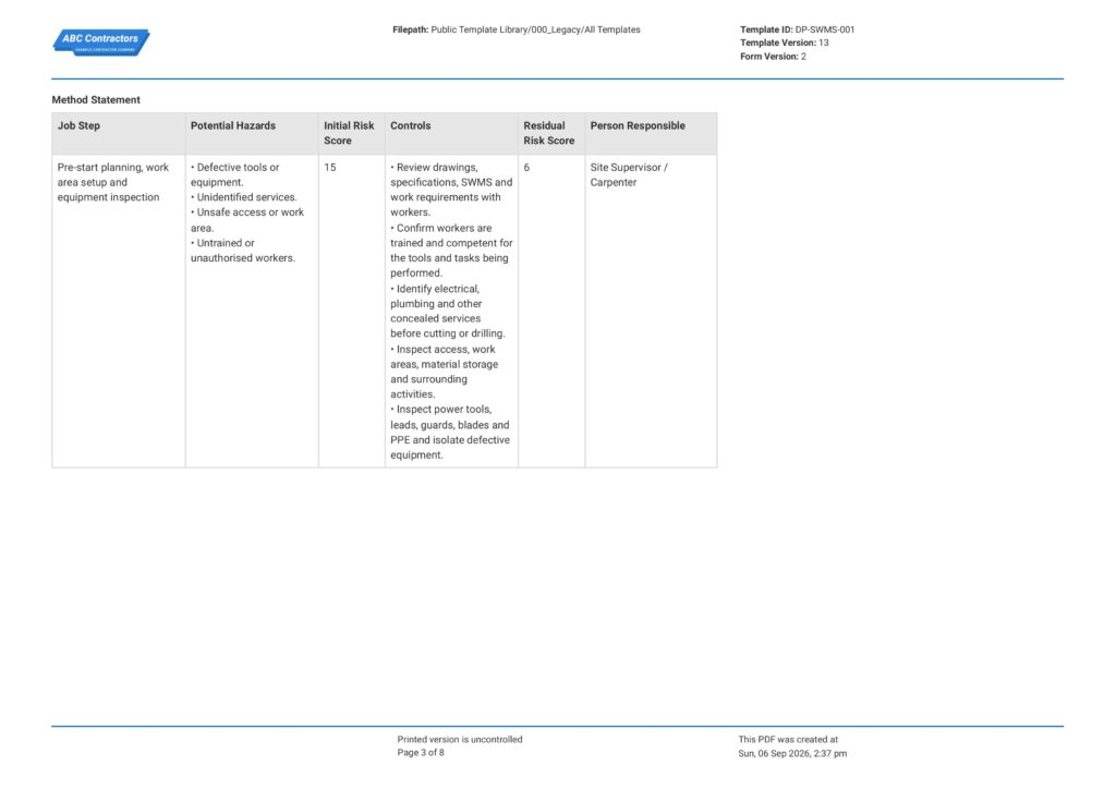 Carpentry Safe Work Method Statement (SWMS)3