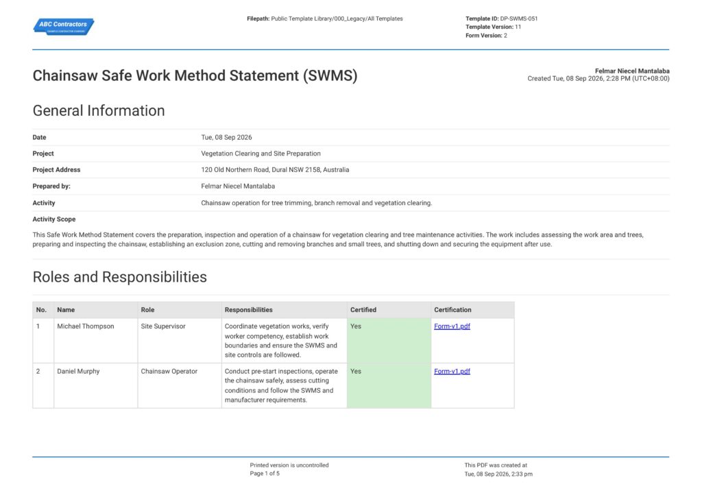 Chainsaw Safe Work Method Statement