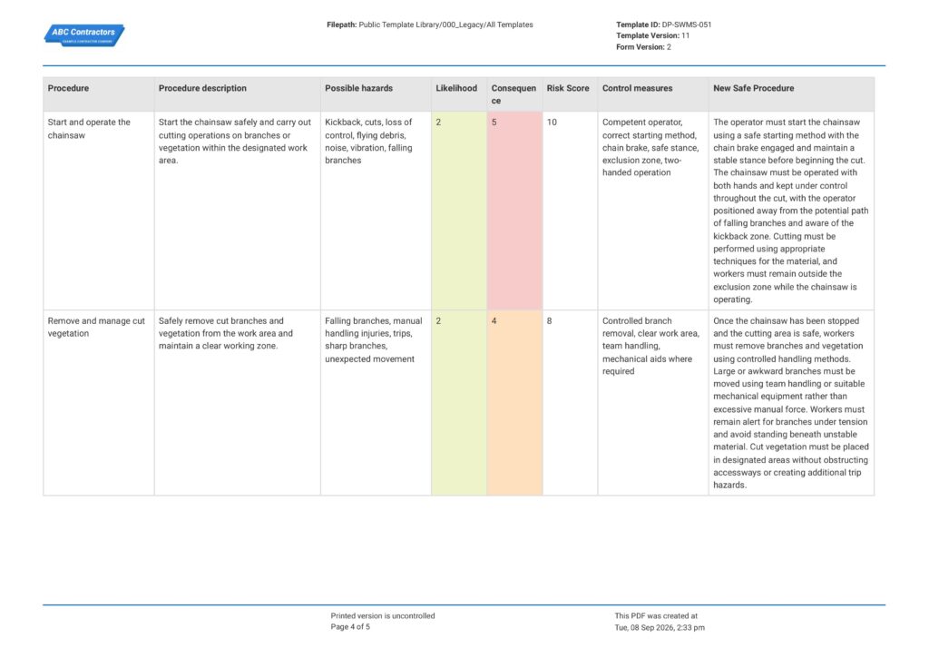 Chainsaw Safe Work Method Statement