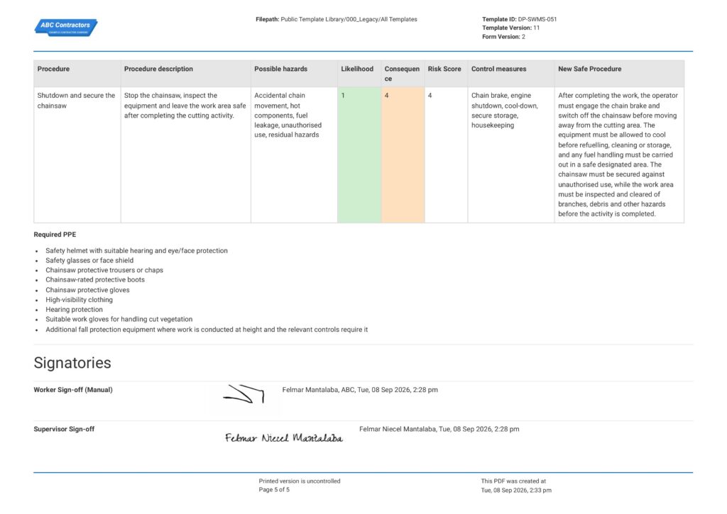 Chainsaw Safe Work Method Statement