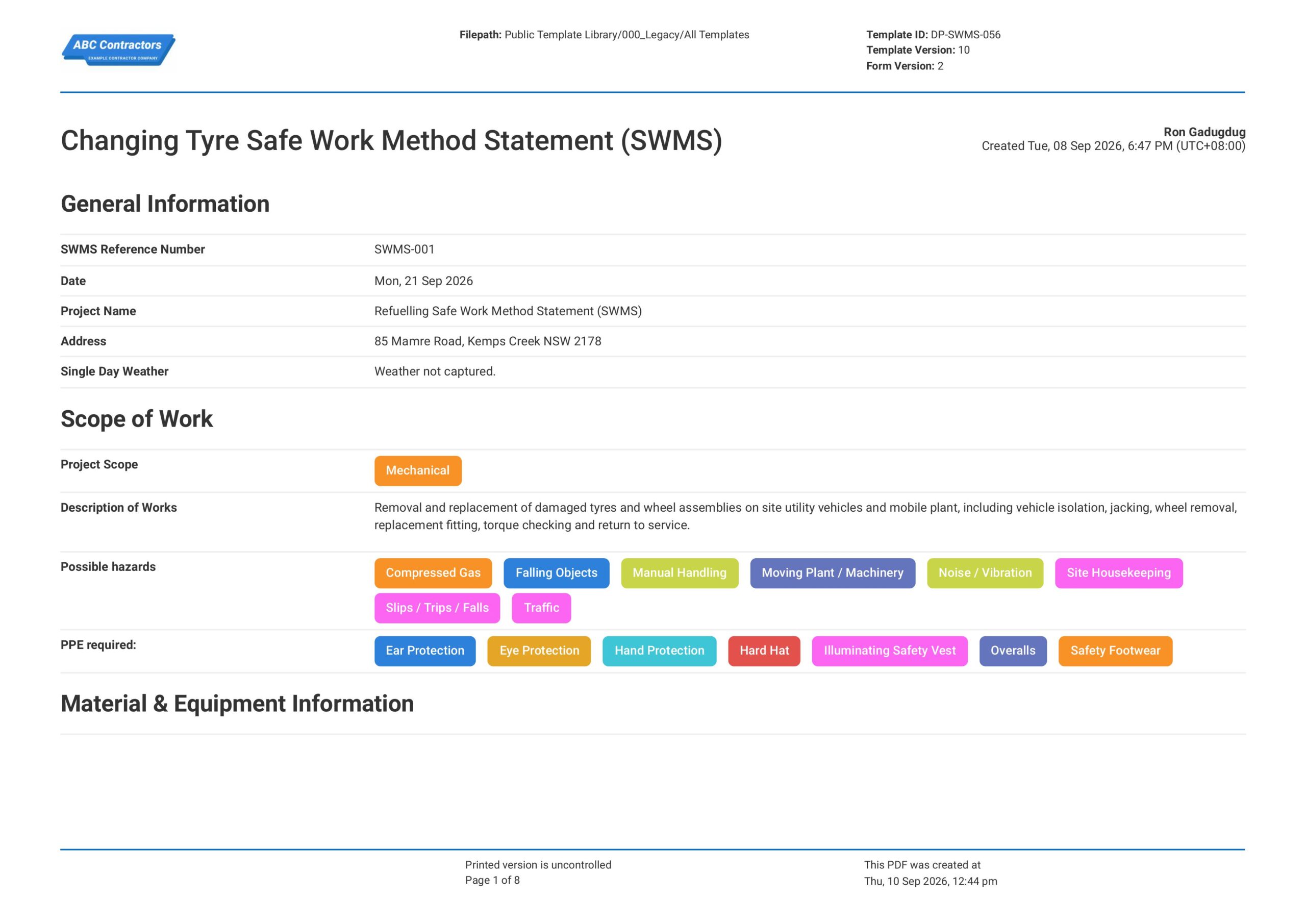 Changing Tyre Safe Work Method Statement (SWMS) Template