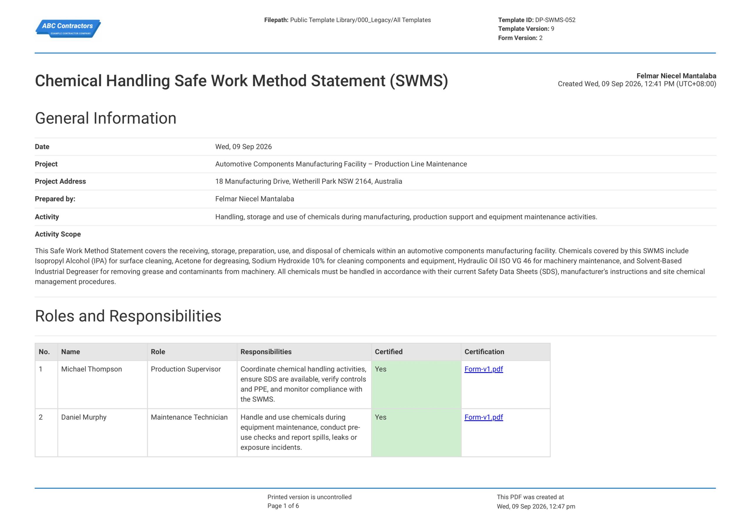 Chemical Handling Safe Work Method Statement