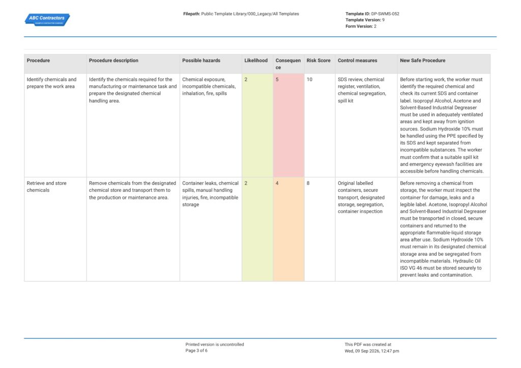 Chemical Handling Safe Work Method Statement