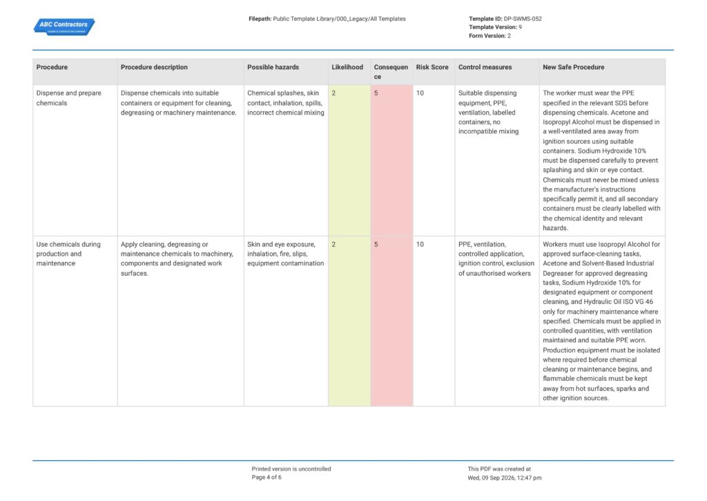 Chemical Handling Safe Work Method Statement