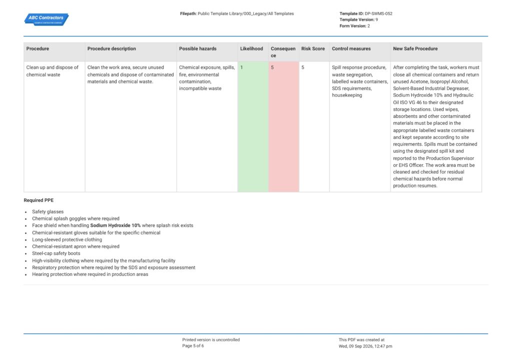 Chemical Handling Safe Work Method Statement
