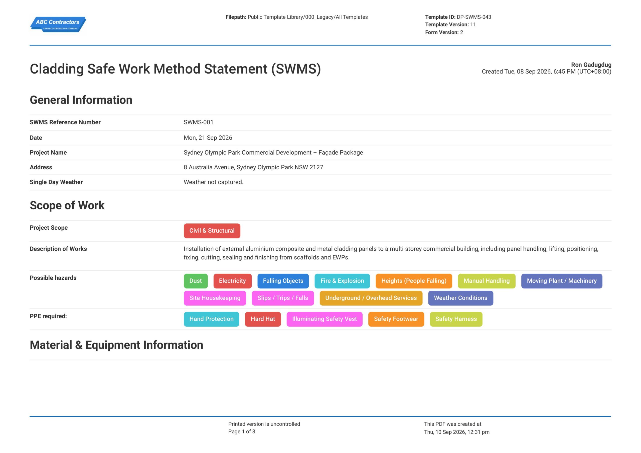 Cladding Safe Work Method Statement (SWMS) Template