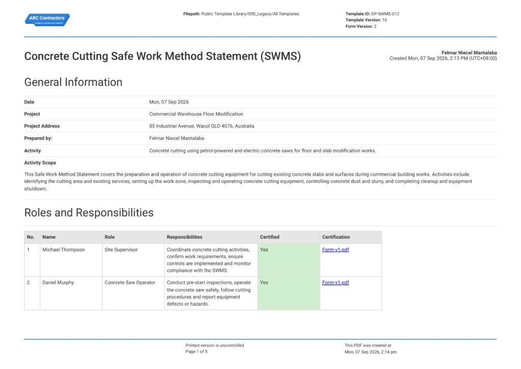 Concrete Cutting Safe Work Method Statement