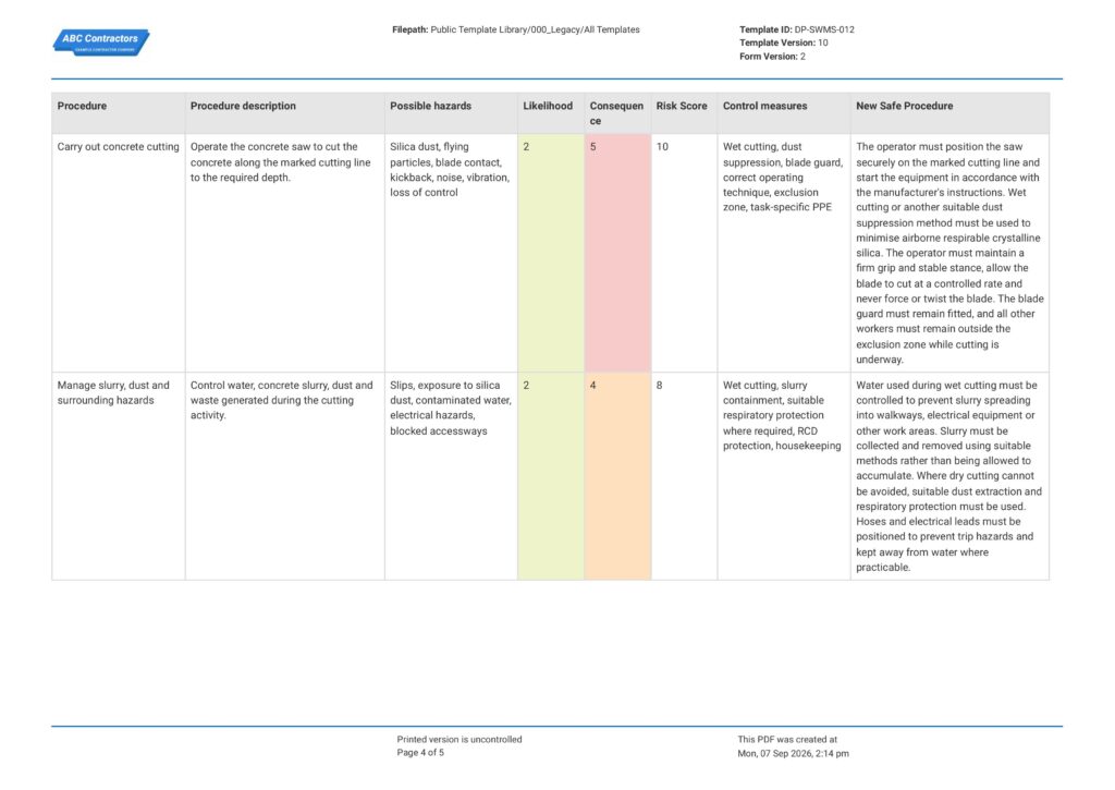 Concrete Cutting Safe Work Method Statement