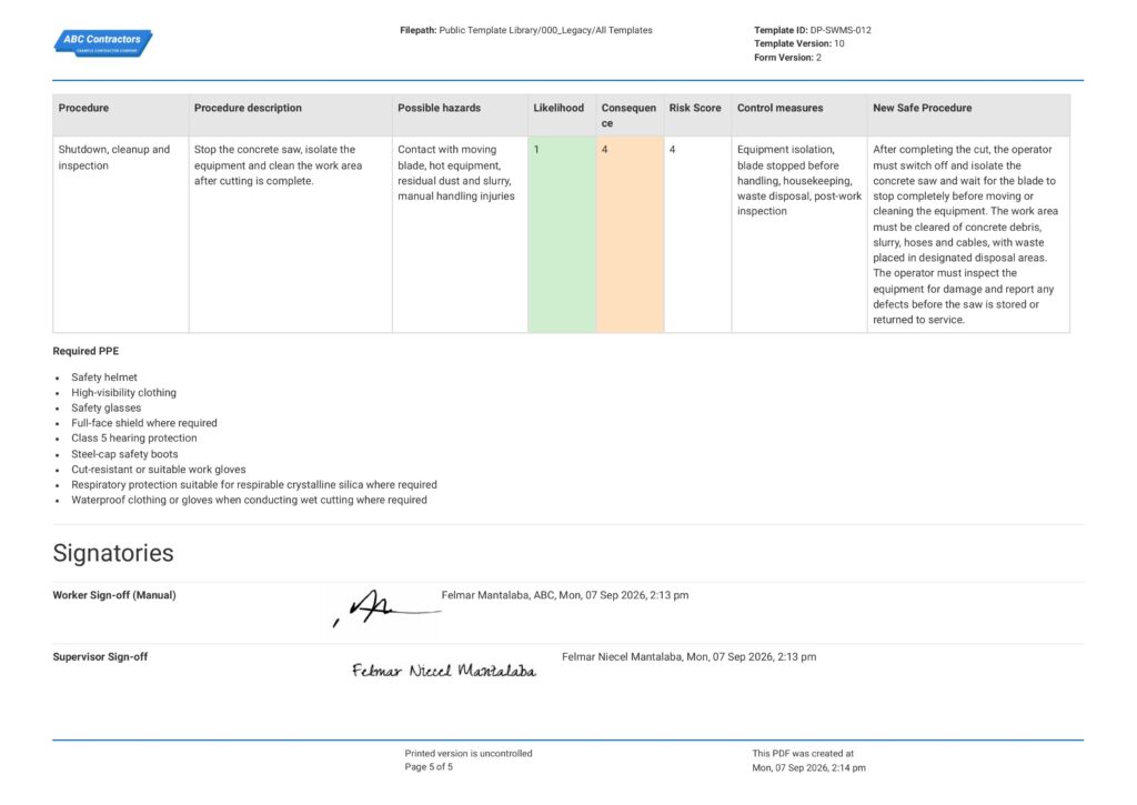 Concrete Cutting Safe Work Method Statement