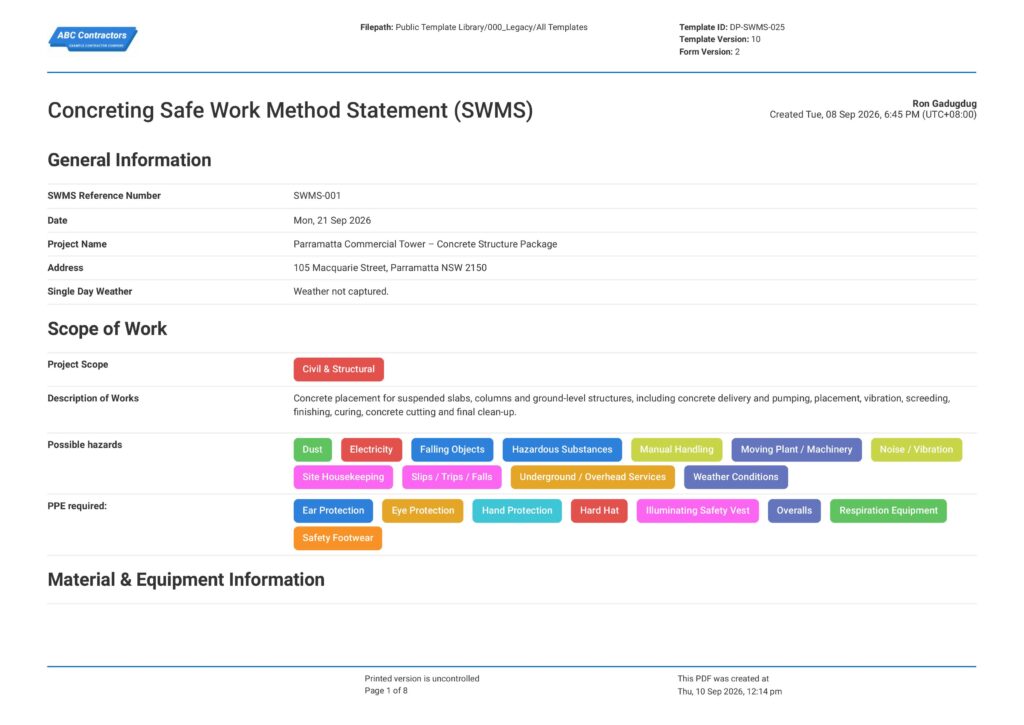 Concreting Safe Work Method Statement (SWMS)1