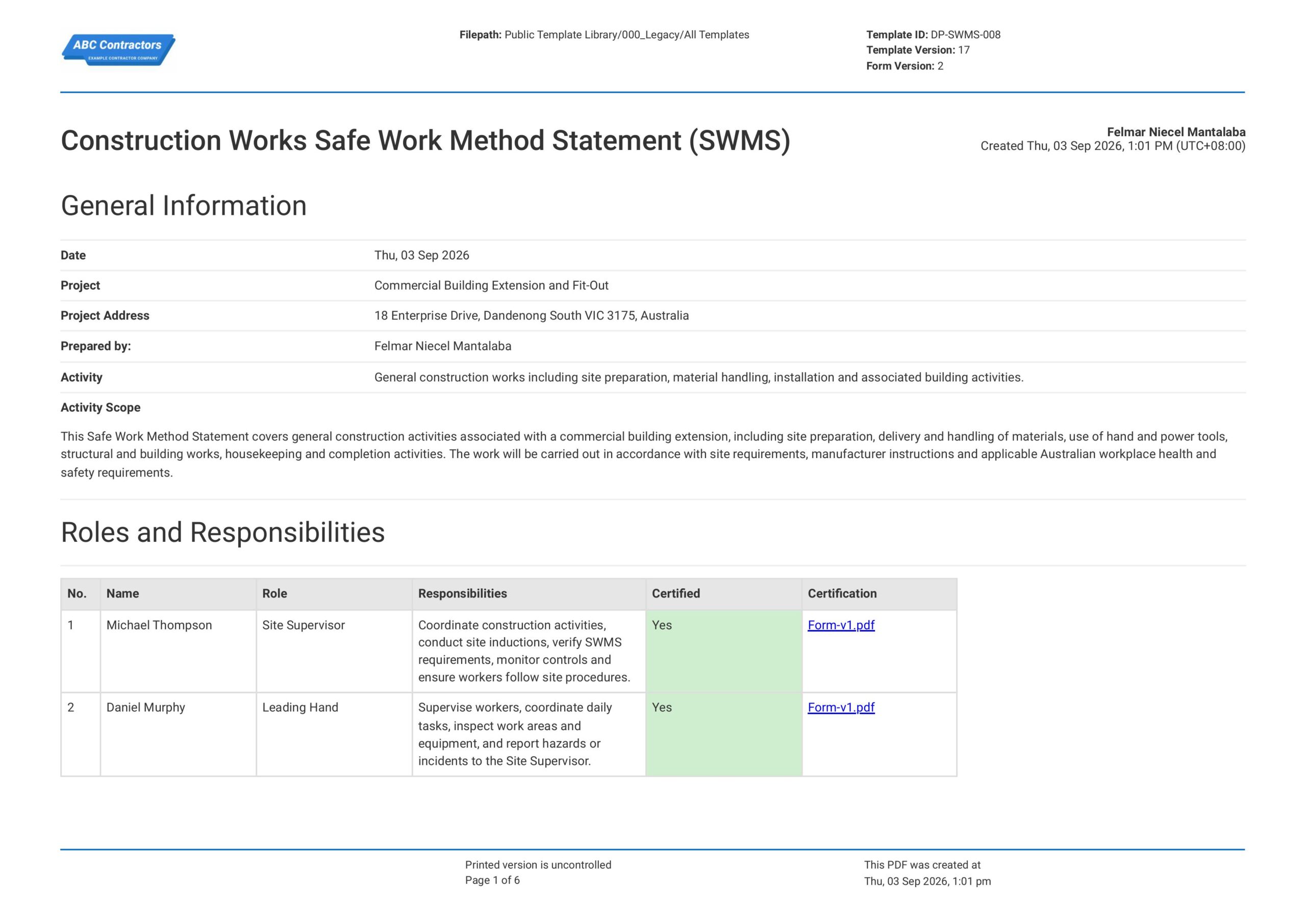 Construction Safe Work Method Statement Template