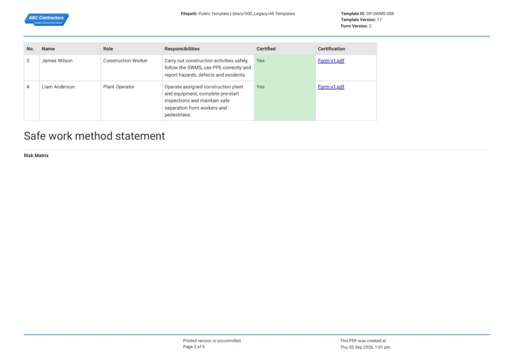 Construction Safe Work Method Statement