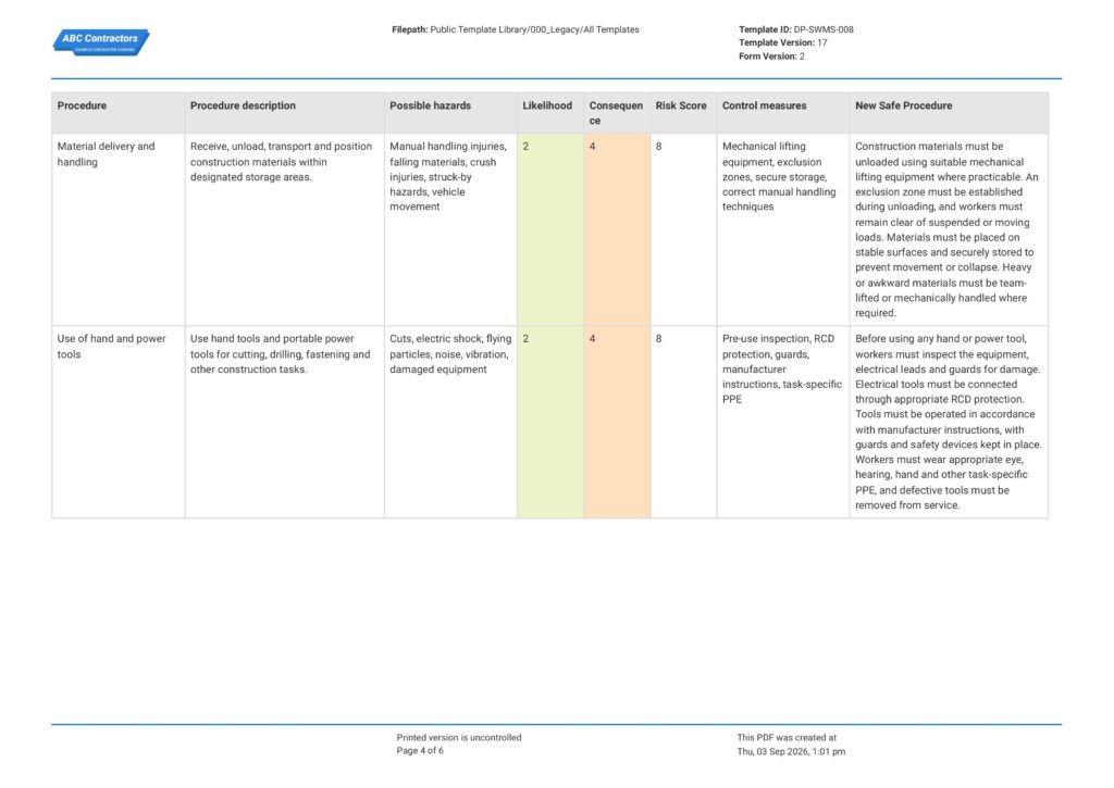 Construction Safe Work Method Statement