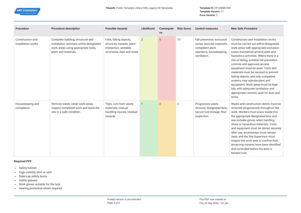 Construction Safe Work Method Statement