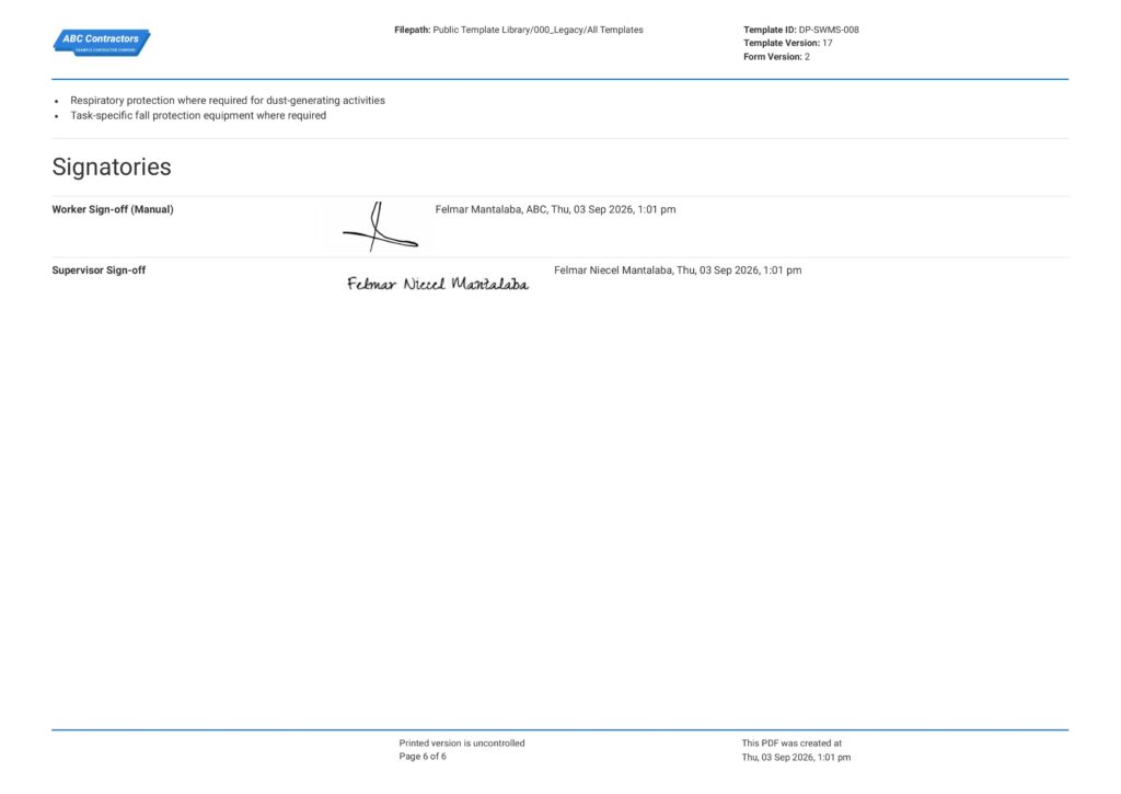 Construction Safe Work Method Statement