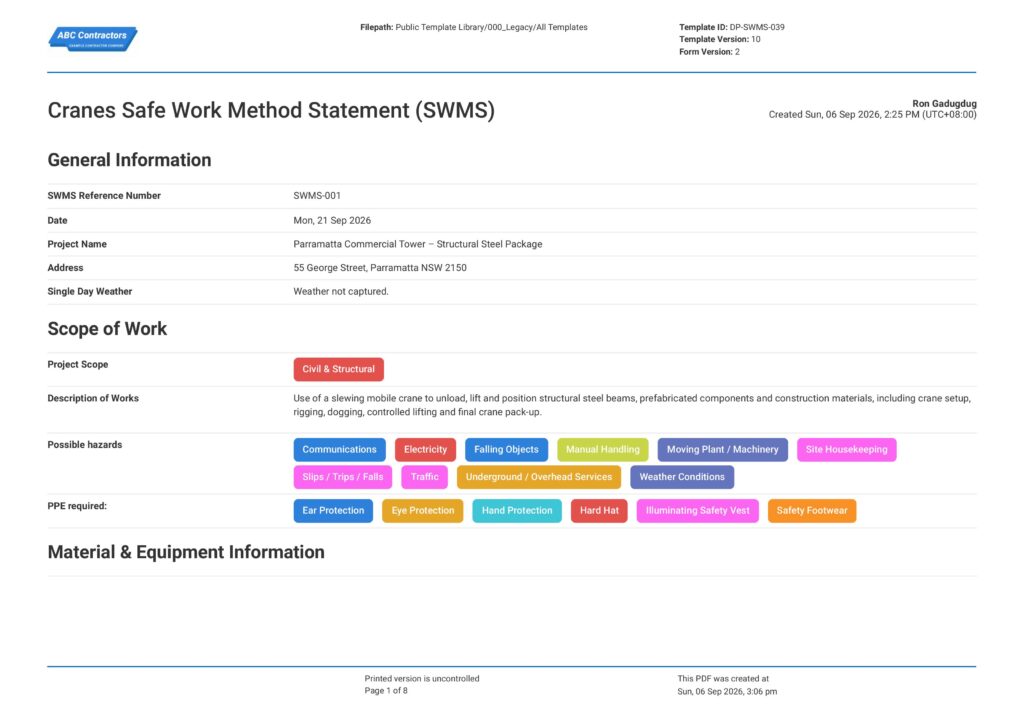 Cranes Safe Work Method Statement (SWMS)1