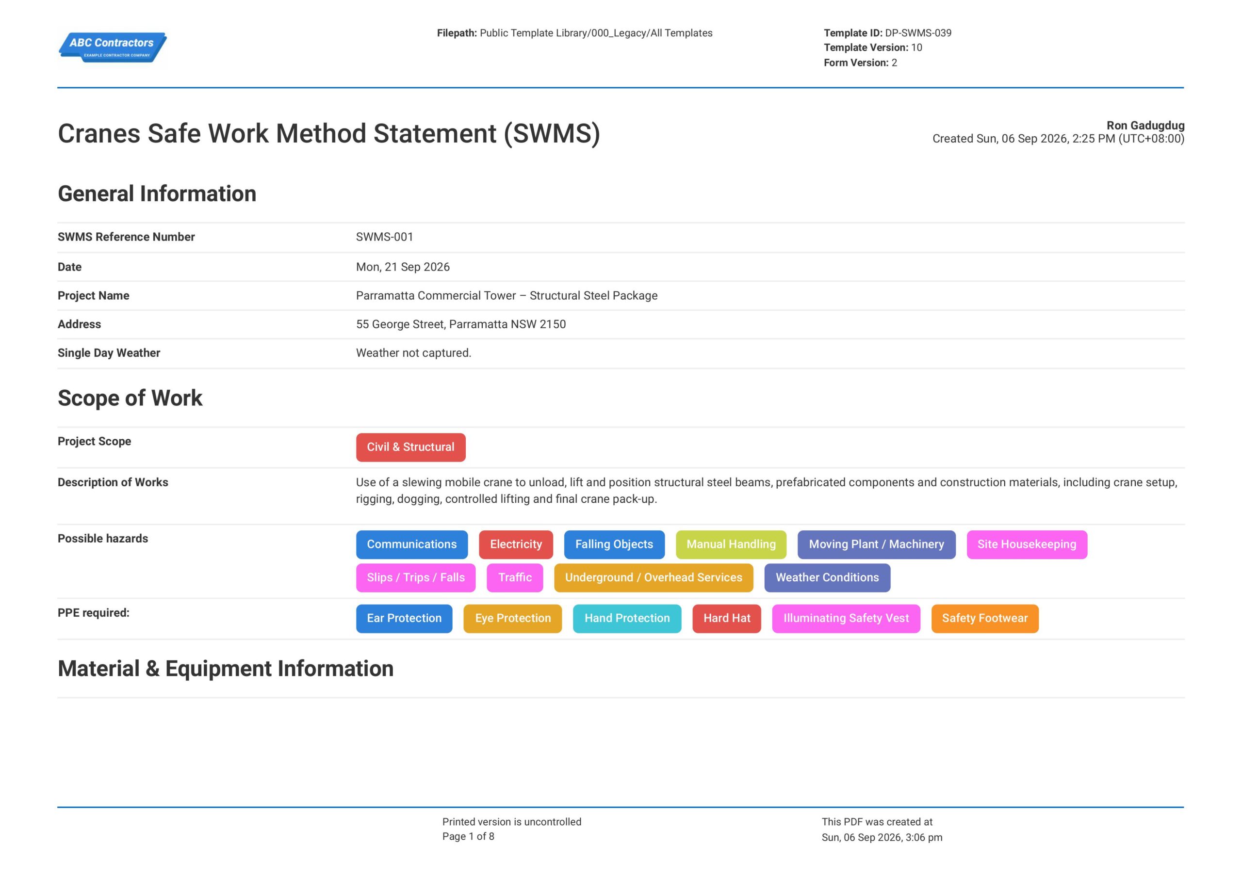 Cranes Safe Work Method Statement (SWMS) Template