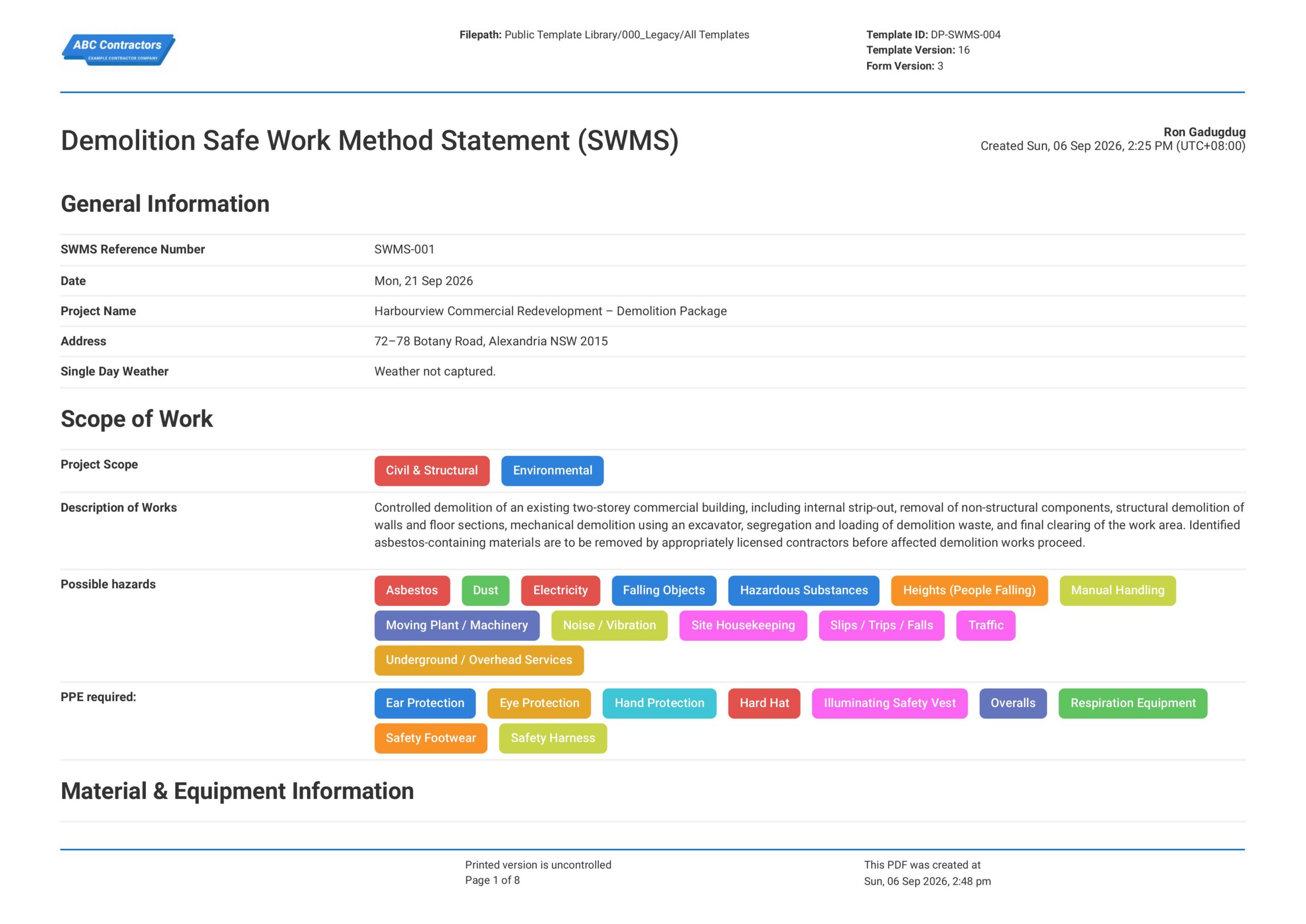 Demolition Safe Work Method Statement (SWMS) Template