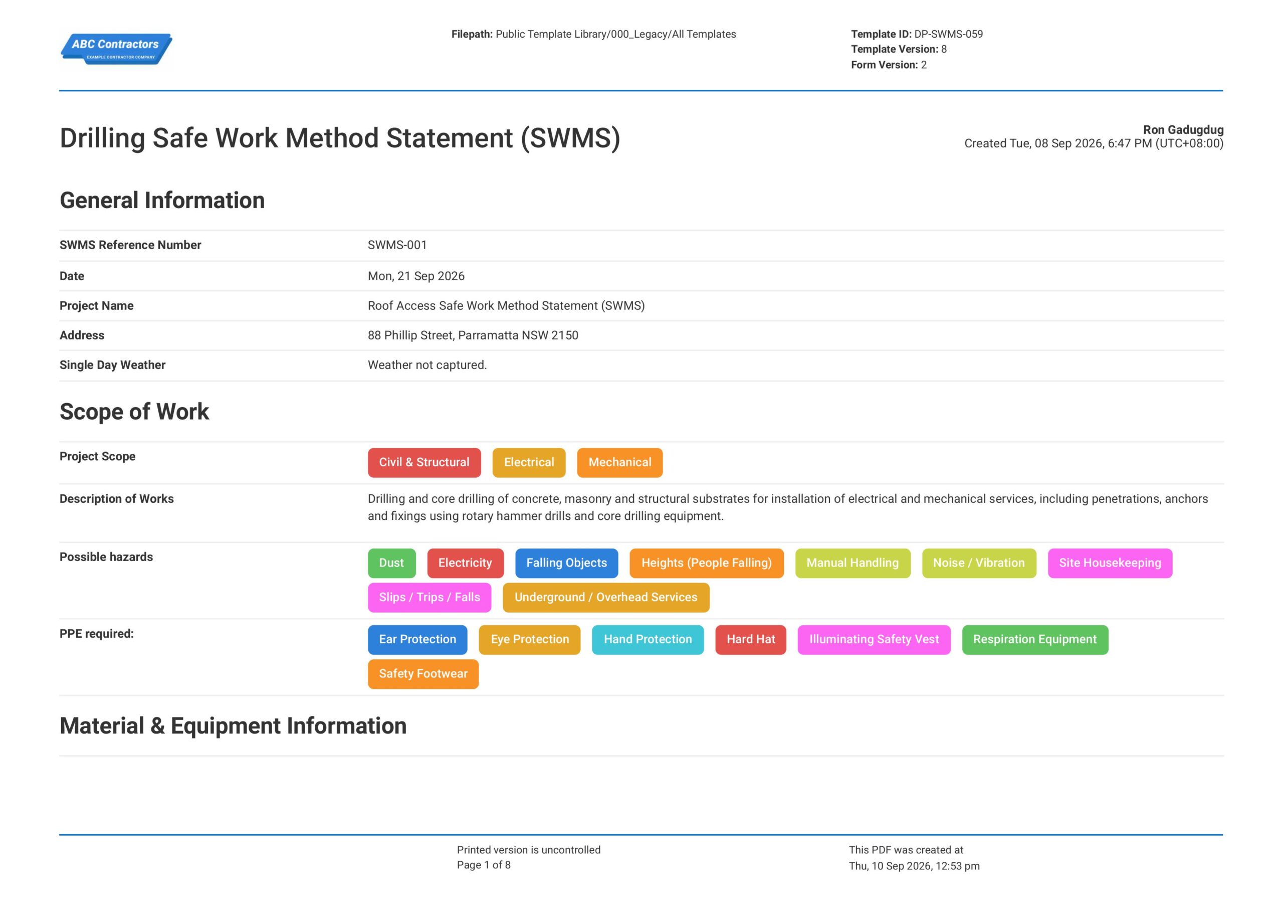 Drilling Safe Work Method Statement (SWMS)