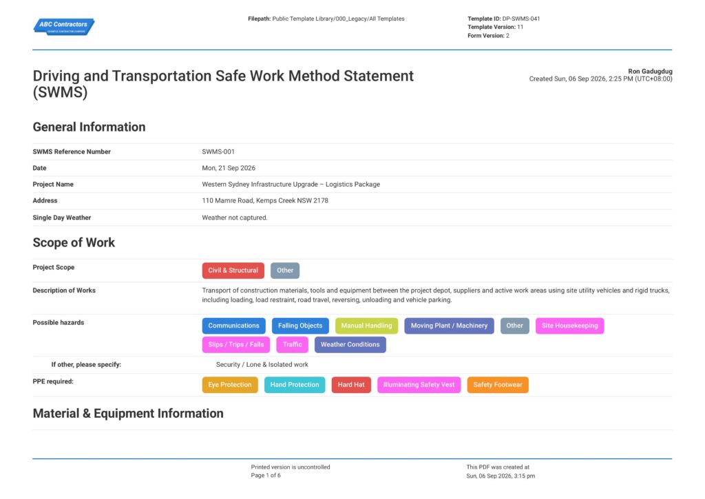 Driving and Transportation Safe Work Method Statement (SWMS)1