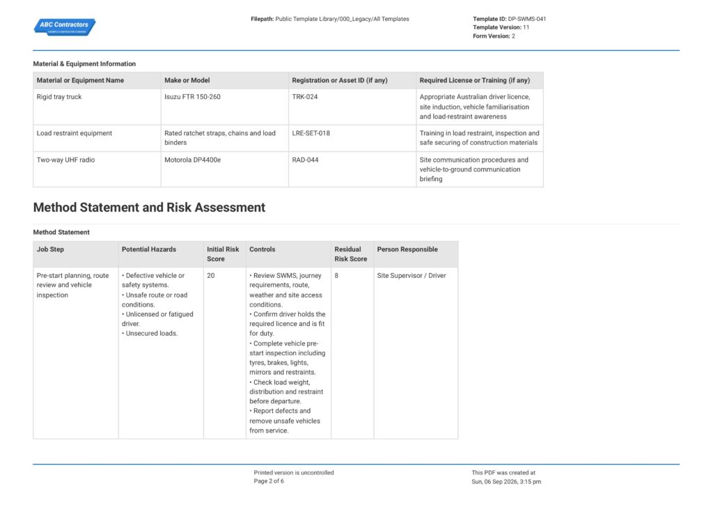 Driving and Transportation Safe Work Method Statement (SWMS)2