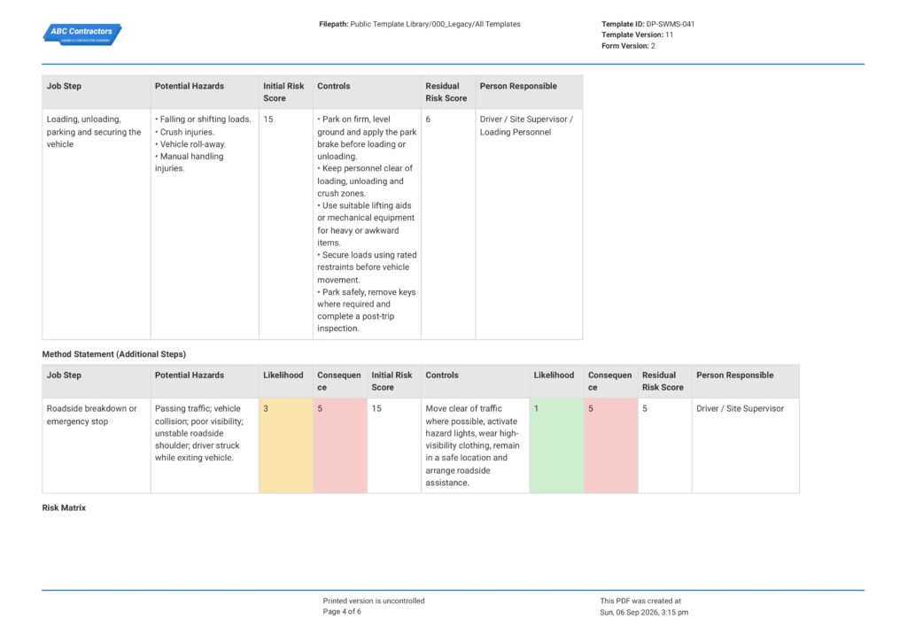 Driving and Transportation Safe Work Method Statement (SWMS)4