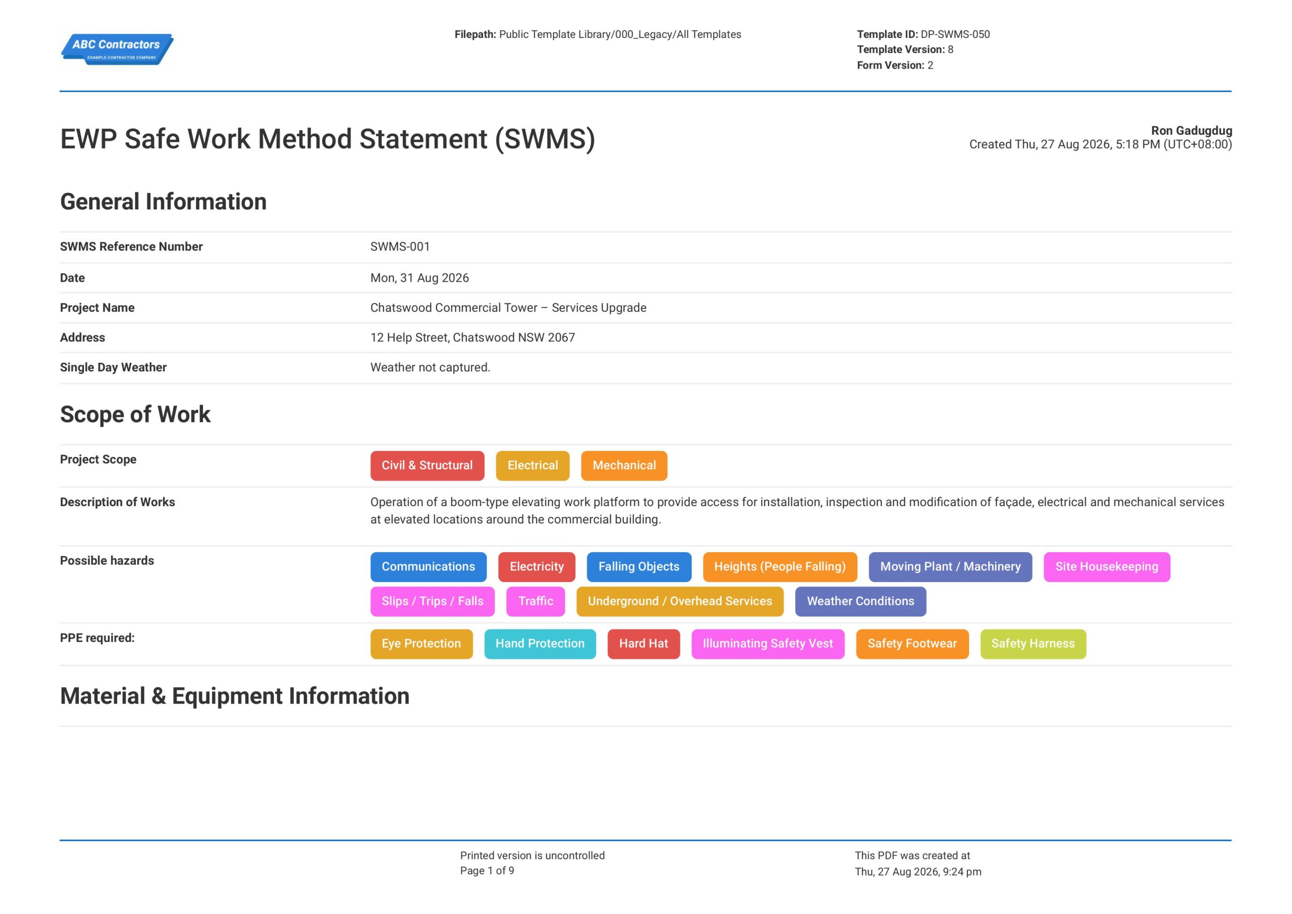 Elevated Work Platform (EWP) Safe Work Method Statement Template